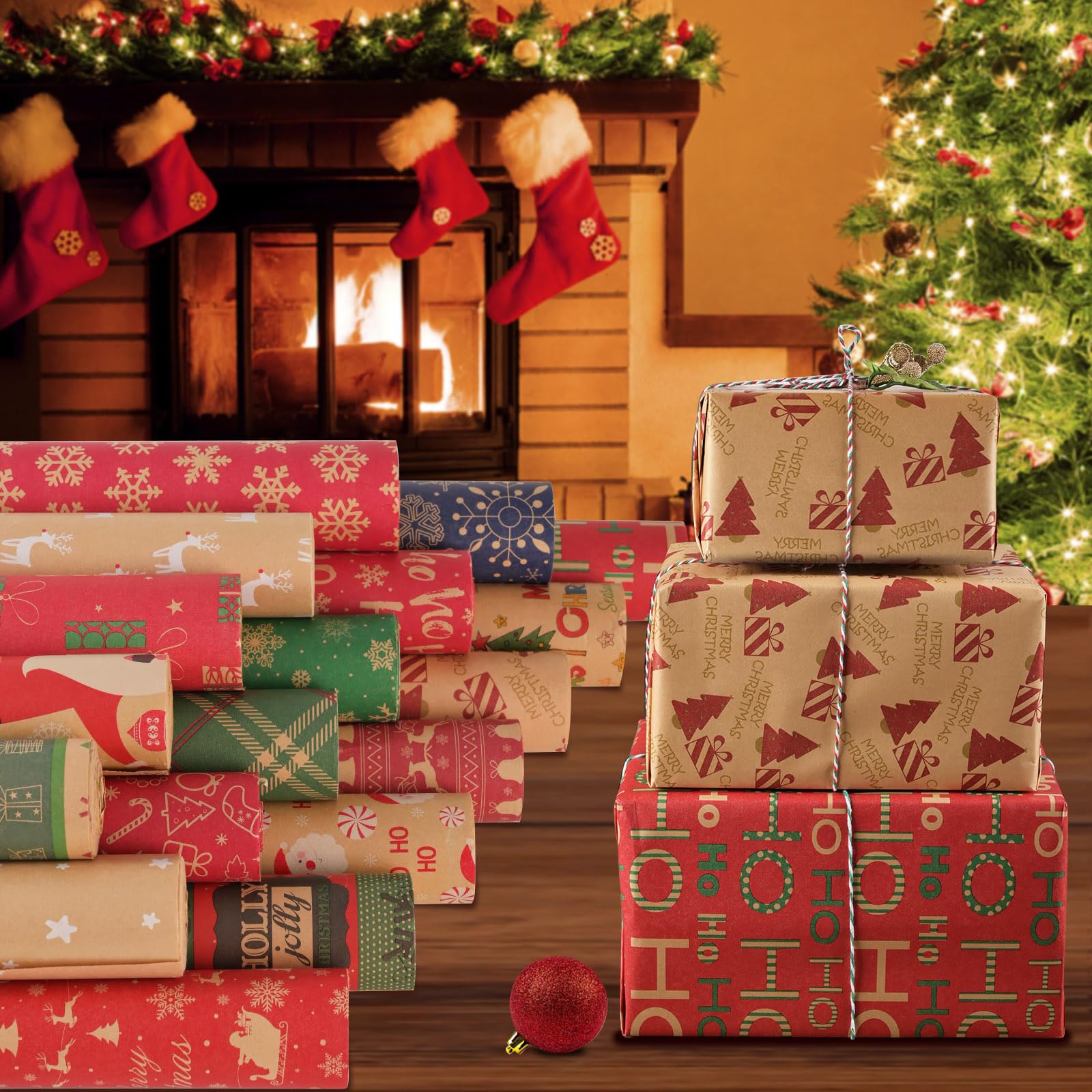 AhfuLife 2 Rolls Christmas Wrapping Paper - 17 Inch × 49.2 Feet Per Roll, Recyclable Red Brown Kraft Xmas Wrapping Paper for Gift Box Decoration