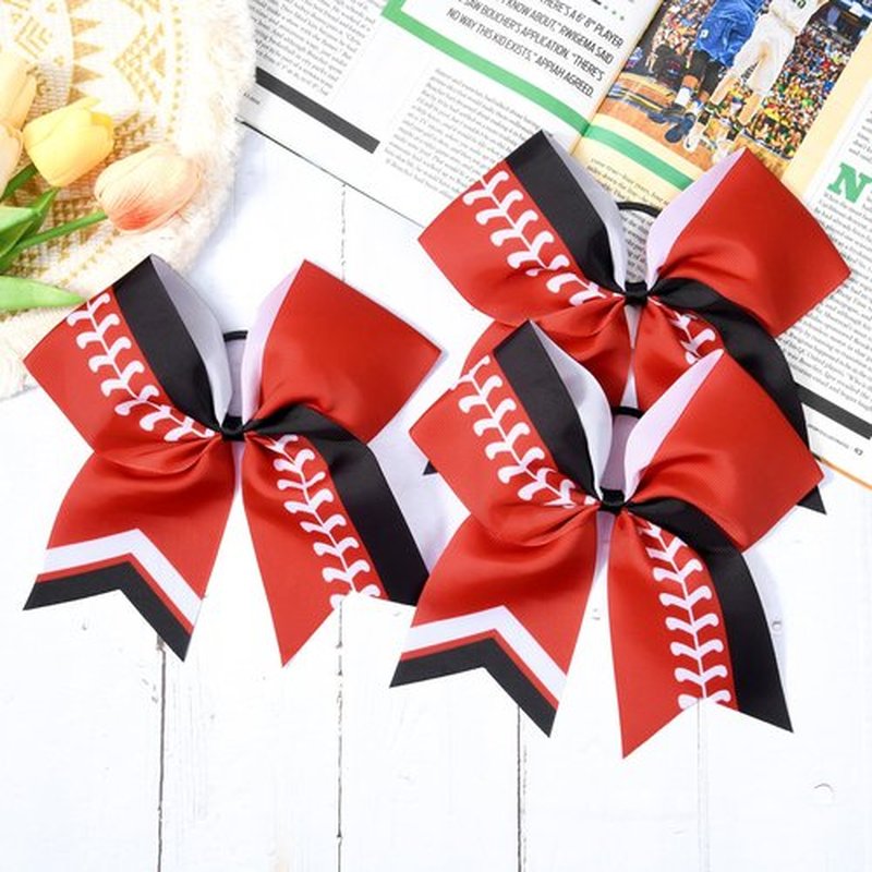DEEKA 12 PCS Softball Cheer Bows 8" Thread Large Cheerleader Hair Bows Ponytail Holder Handmade for Teen Girls Sports -Red/Black/White
