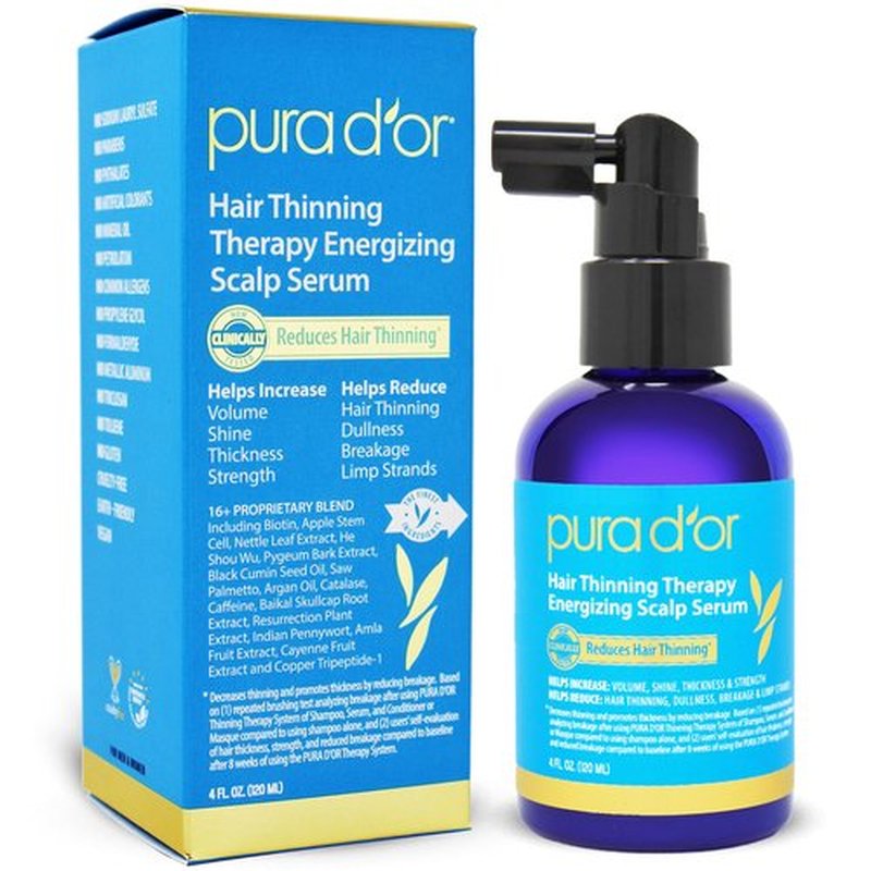 PURA D'OR Hair Thinning Therapy Energizing Scalp Serum 4oz w/Copper Tripeptide, Biotin, Caffeine, Plant Stem Cell, Catalase & DHT Balance, Rosemary Green Tea Leaf Extract, All Hair Types, Men Women
