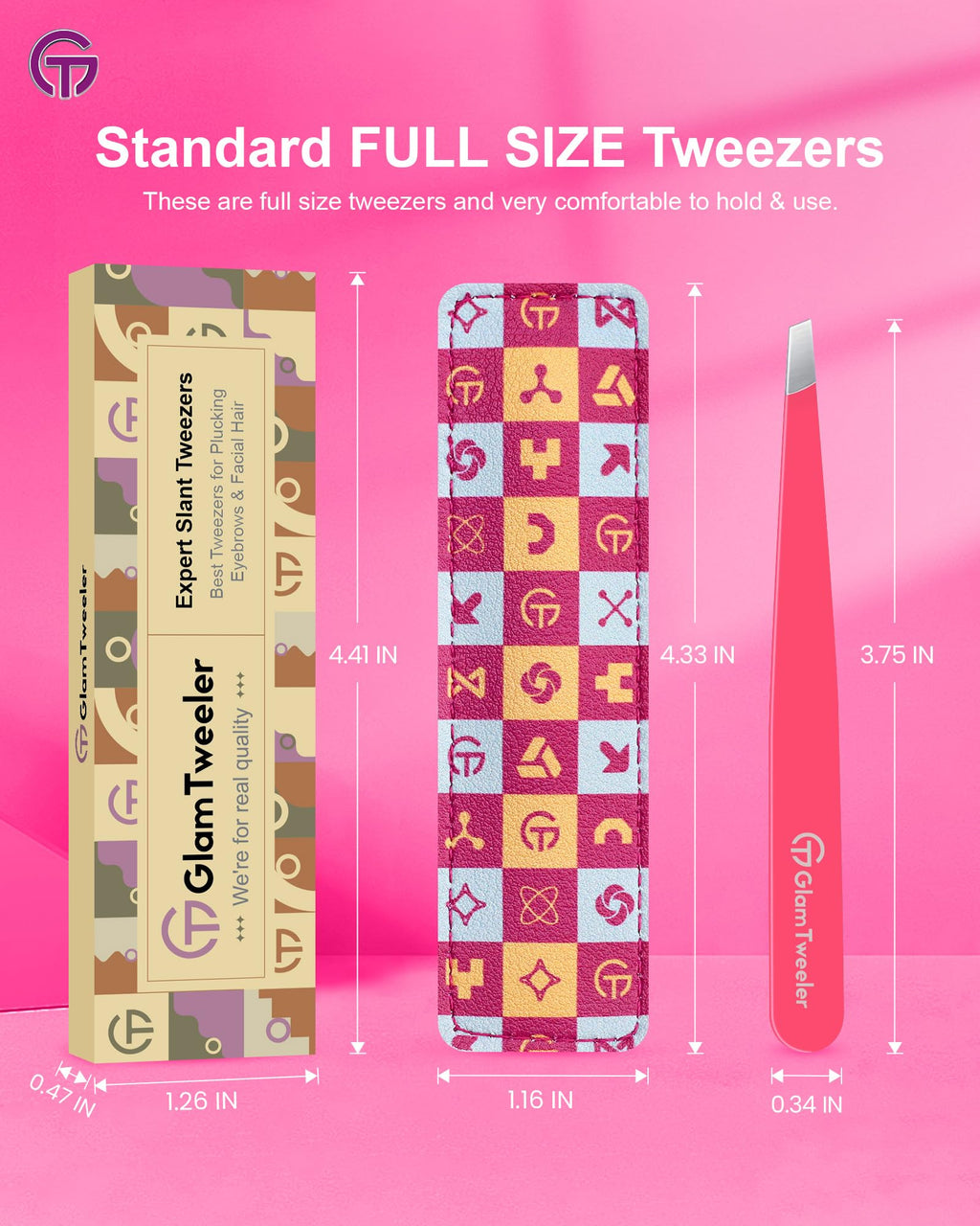 Expert Eyebrow Hair Removal Tweezer with Leather Case, GlamTweeler High Precision Slant Tip Stainless Steel Tweezers for Men and Women (Hot Pink)