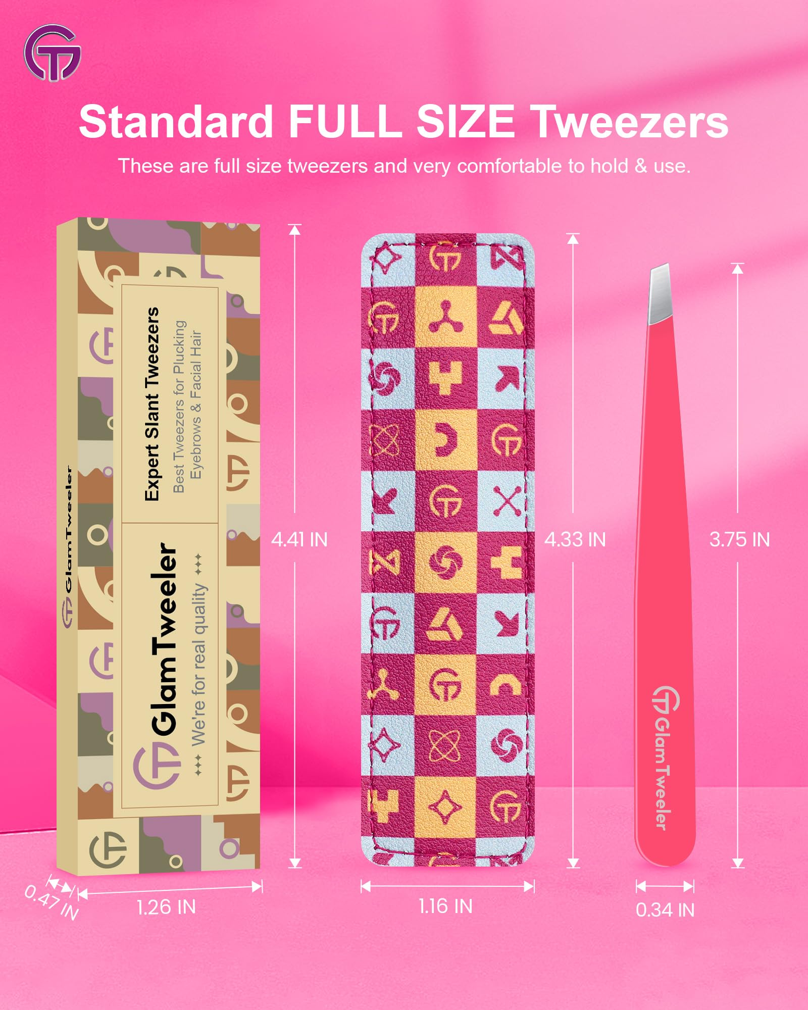 Expert Eyebrow Hair Removal Tweezer with Leather Case, GlamTweeler High Precision Slant Tip Stainless Steel Tweezers for Men and Women (Hot Pink)