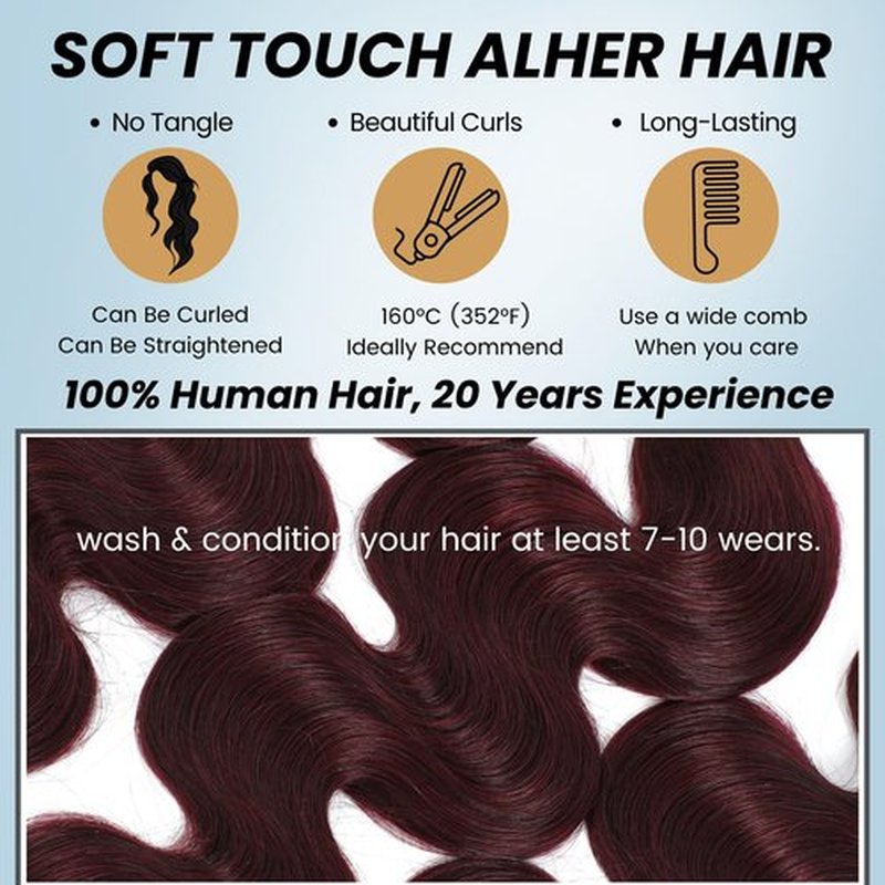 ALHER Dark Burgundy 2X6 HD Lace Closure Human Hair Body Wave, 12A Wine Red 99J Long Deep Parting 2 by 6 HD Transparent Lace Closure Middle Part Kim K Closure Wavy With Baby Hair (2X6 Closure, 12 Inch)