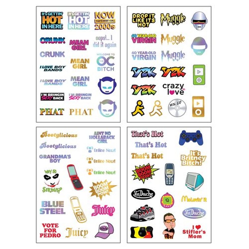 Throwback 2000s Y2K Theme Temporary Tattoos - 4 Sheets - Funny 2000s Party Favors, Decorations and Supplies