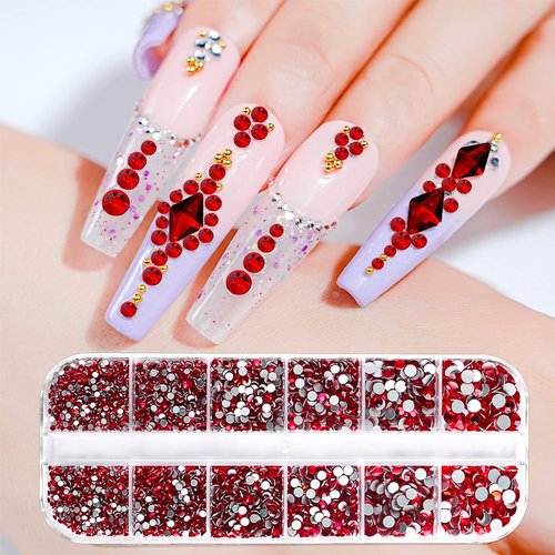 JERCLITY 3000pcs Emerald Green Rhinestones for Nails Red Rhinestones for Nails Flat Back Gems Round Crystal 6 Sizes (1.5-4mm) with Picking Pen for Crafts Clothes Shoes Jewelry