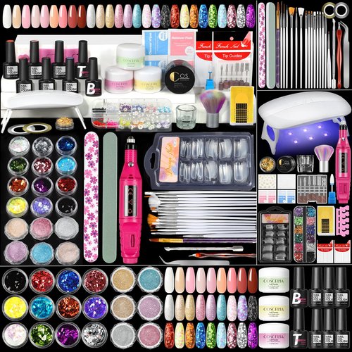 Acrylic Nail Kit for Beginners with Everything Professional 3pc Acrylics Powder 6pcs Gel Nail Polish 18pcs Glitter Decoration Powder Nails Kit Acrylic Set with Tips Nail Light Valentines Day Gifts