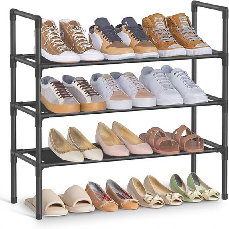 SONGMICS 3-Tier Shoe Rack - Slim Space-Saving Storage for Hallway | Metal Frame, Black Non-Woven Shelves