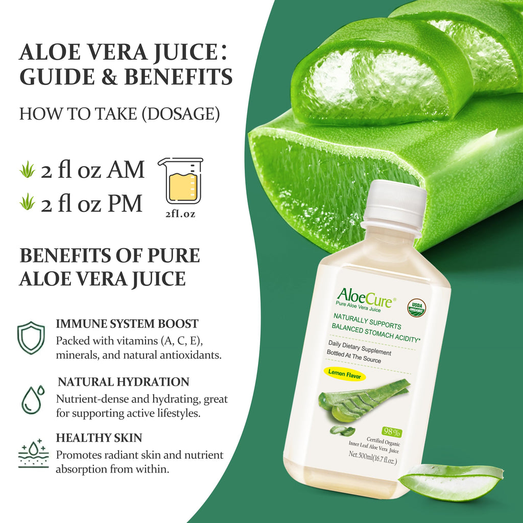 AloeCure USDA Organic Aloe Vera Juice Lemon Flavor - Made Within 12 Hours of Harvest - Natural Digestive Supplement for Balanced Stomach Acidity - Support Digestive and Immune Health, 2 Btls x 16.7oz