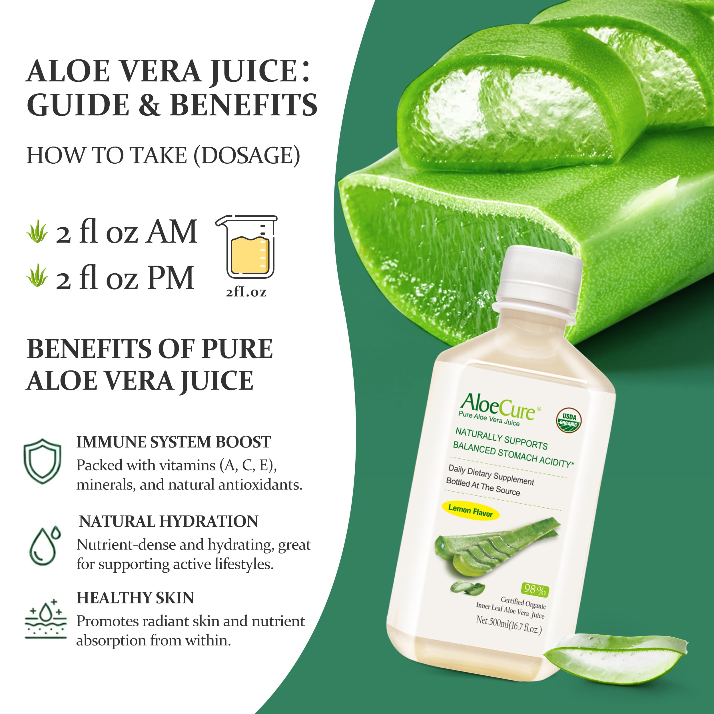 AloeCure USDA Organic Aloe Vera Juice Lemon Flavor - Made Within 12 Hours of Harvest - Natural Digestive Supplement for Balanced Stomach Acidity - Support Digestive and Immune Health, 2 Btls x 16.7oz