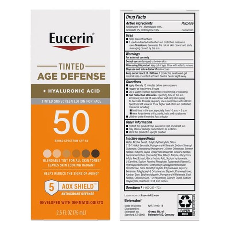 Eucerin Sun Tinted Age Defense Face Sunscreen Lotion SPF 50 with Hyaluronic Acid, Tinted Sunscreen for Face, Blendable Tint for All Skin Tones, Non Comedogenic and Hypoallergenic, 2.5 Fl Oz Bottle