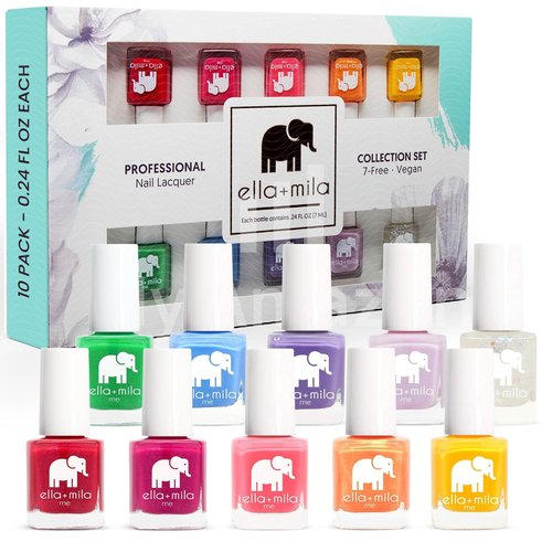 ella+mila Professional Nail Polish Set - Quick Dry Nail Polish - 10 Pack Vibrant Colors - Vegan Non-Toxic Fingernail Lacquer for Kids & Women - Long-Lasting & Chip Resistant (10 Pack x 0.24 fl oz)