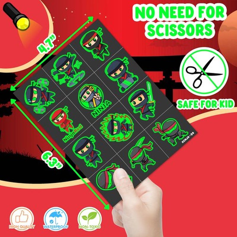 96 PCS Ninja Pre-Cut Luminous Temporary Tattoos for Kids Birthday Themed Party Supplies Decorations Favors 8 Sheets Decor Super Cute Cartoon Stickers Tattoo School Rewards & Gifts for Boys Girls