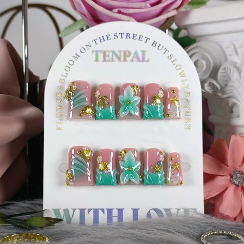 TENPAL Duckbill Press on Nails - Ocean 3D Floral Teal Blushing Ombre Design | Icy Glossy Duck Fake Nails with Handmade Carving | Mermaid Y2K Style Glue on Nails for Resort Vacation(M)