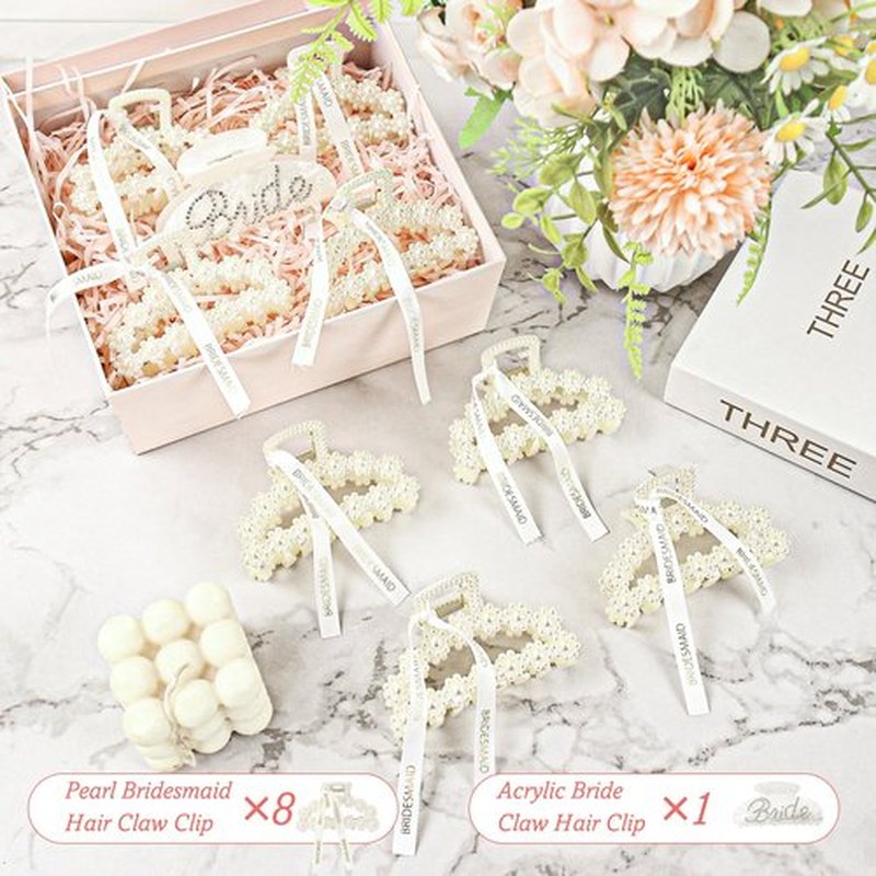 Pearl Bridesmaid Hair Claw Clips 3.7 Inch With Ribbon and 1Pack Acrylic Bride Claw Hair Clip With Rhinestone Bride Logo Set,Bachelorette Bridal Party Favors Present Bridesmaid Proposal Gifts