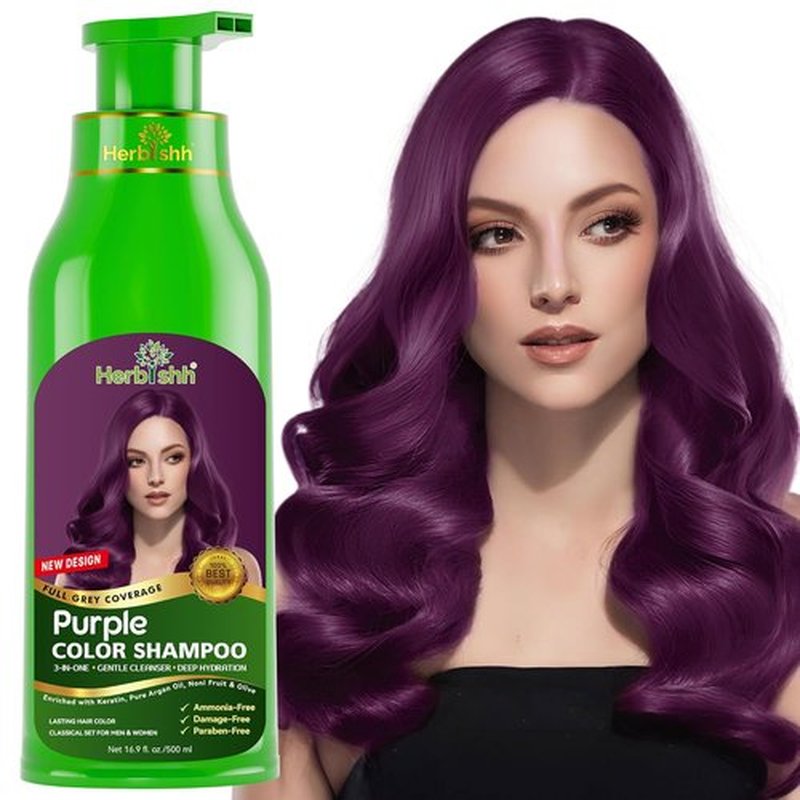 Herbishh Magic Hair Dye Shampoo - Color Gray Hair in Minutes - Long-Lasting Ammonia-Free Treatment (500ml, Purple)