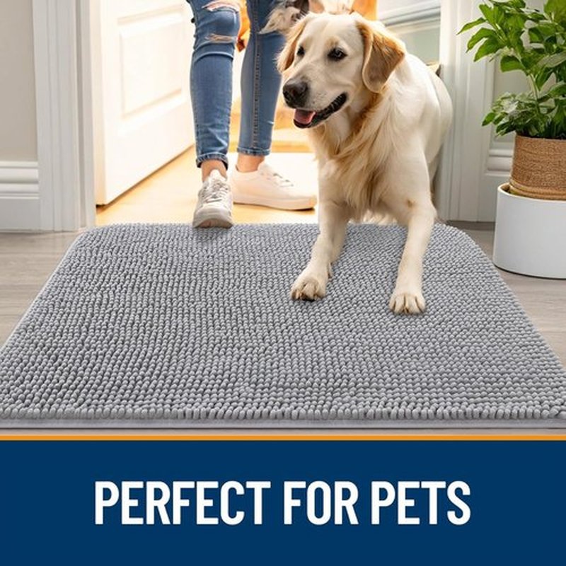 OLANLY Dog Door Mat - Absorbent Non-Slip Washable Chenille Mat for Muddy Paws | 40x32 Light Grey