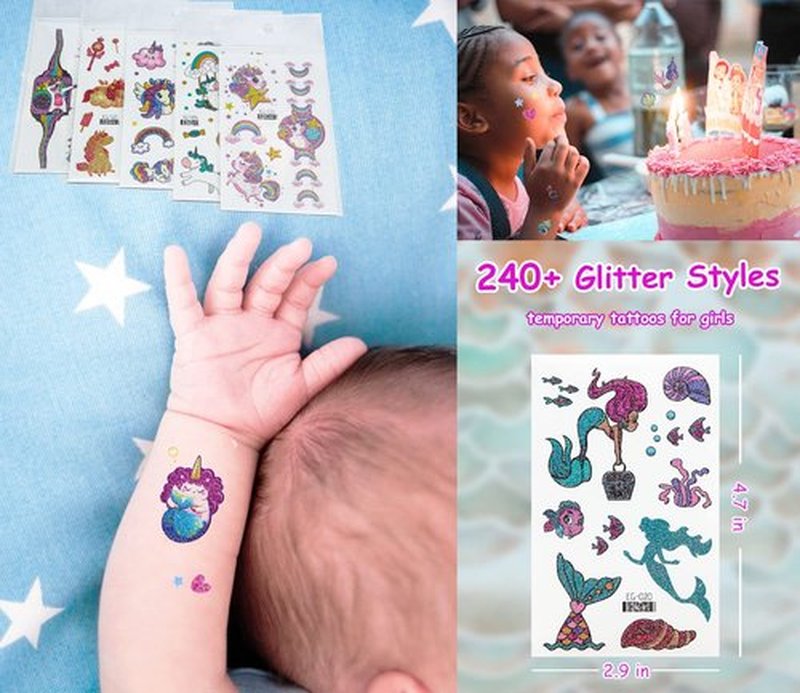 Glitter Unicorn Temporary Tattoos for Kids, 24 Sheets Waterproof Mermaid Tattoos Stickers 240+Pcs, Girls Gifts Birthday Party Baby Shower Favor Supplies, Goodie Bags Fillers & Classroom Exchange