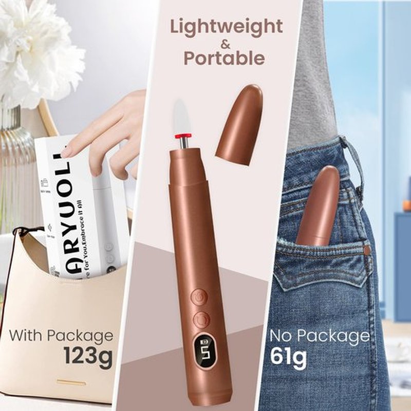 KIARYUOLL Cordless Electric Nail Drill Kit, Portable Rechargeable Nail Drill Set, Battery Electric Nail File, 5 Speeds Modes, LED Lighting, Reversible Direction, DIY, Professional (Gold)