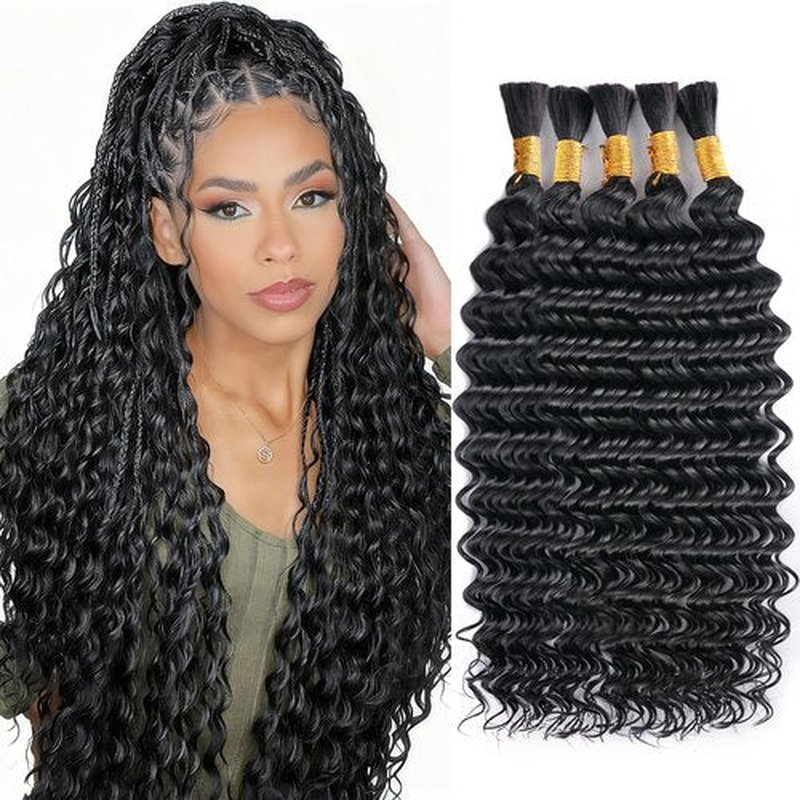 Miokimou Human Braiding Hair for Boho Braids 150g 5 Bundles/Pack 20 Inch Deep Wave Boho Hair for Braiding Knotless 12A Curly Bulk Bohemian Natural Black