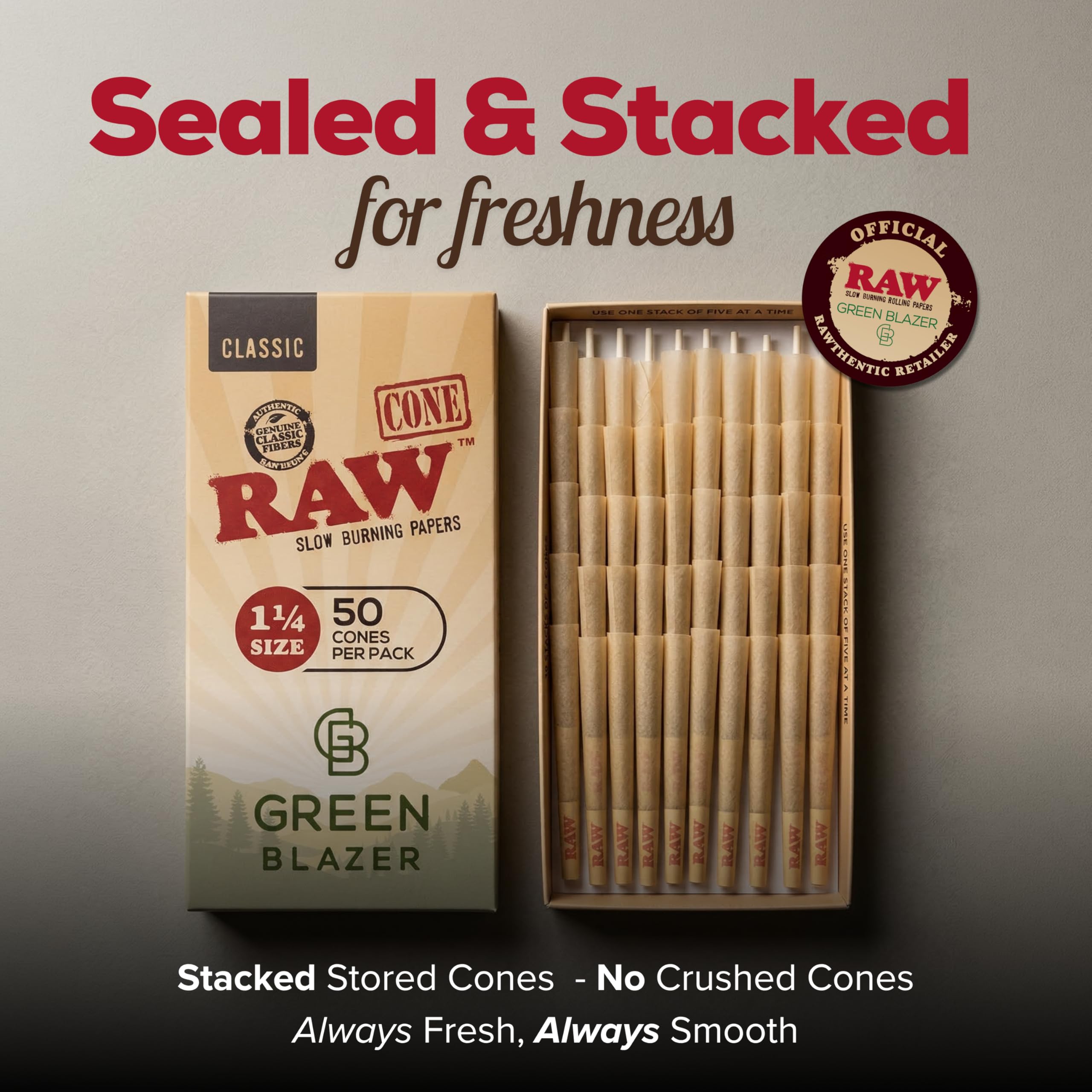 RAW Cones 1 1/4 Size: 50 Pack Patented Slow Burning Pre Rolled Rolling Papers & Tips, Classic Raw Paper, 84mm