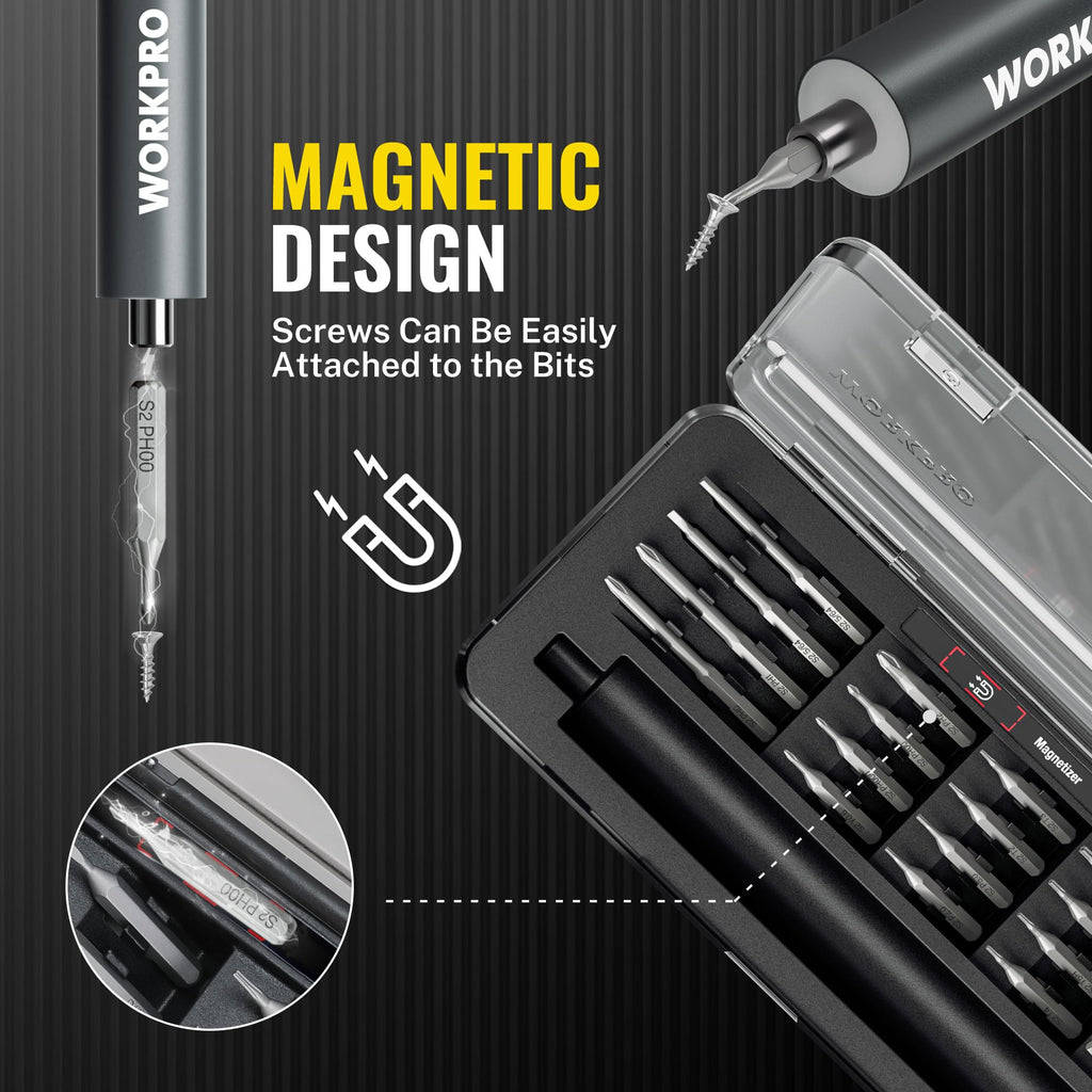 WORKPRO 20-in-1 Mini Electric Screwdriver with Magnetizer & S2 Steel Bits, 3.6V Rechargeable Precision Screwdriver Set for Electronics, Phone, Camera, Laptop & Watch