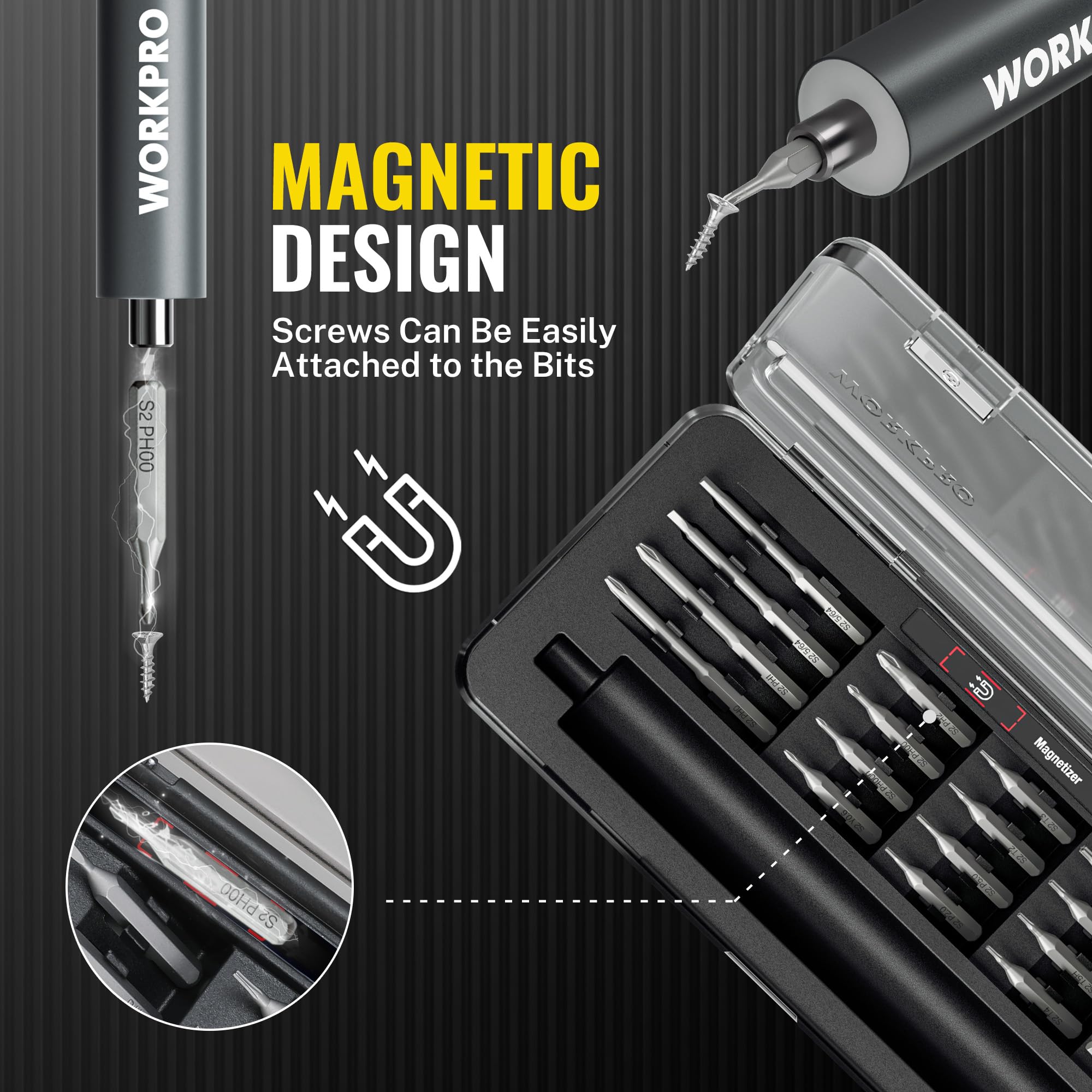 WORKPRO 20-in-1 Mini Electric Screwdriver with Magnetizer & S2 Steel Bits, 3.6V Rechargeable Precision Screwdriver Set for Electronics, Phone, Camera, Laptop & Watch