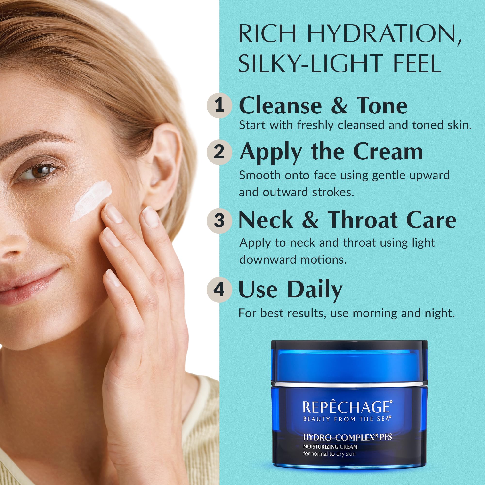 Repechage Hydro-Complex PFS Hydrating Face Cream for Normal to Dry Skin – Non-Comedogenic Moisturizer with Seaweed Extract, Niacinamide & AHAs – Supports Skin Elasticity, Smooths Fine Lines, 1.5 fl oz