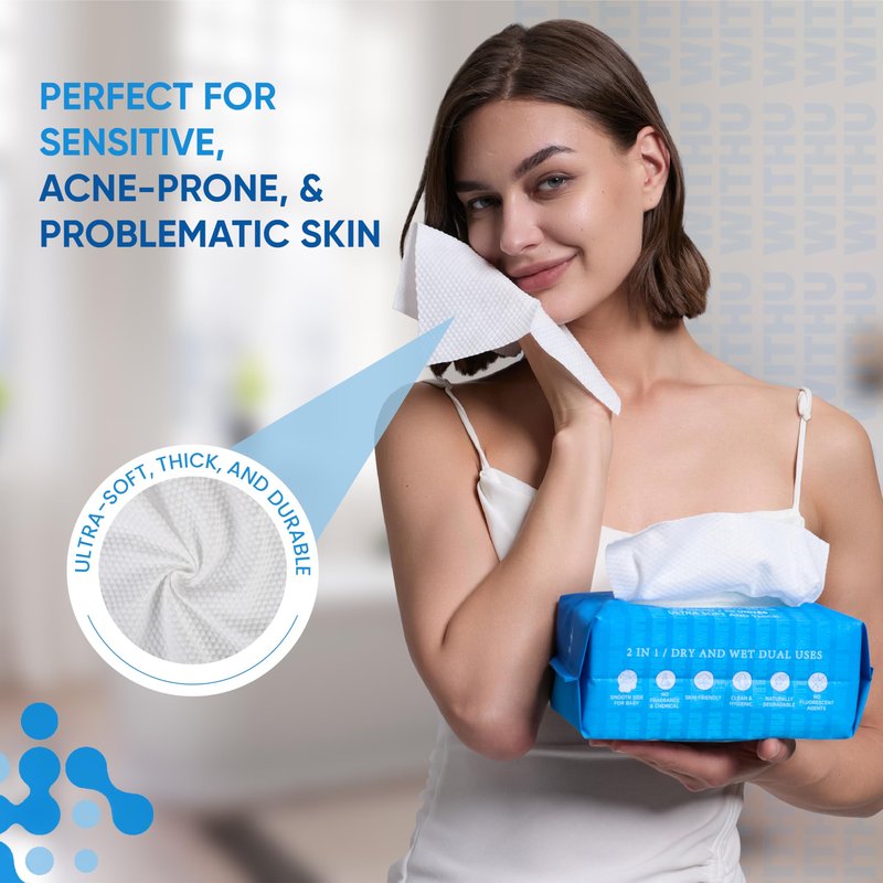 WITHU Disposable Face Towels, Ultra Soft, Biodegradable Makeup Remover Wipes, Hypoallergenic & Lint-Free Towelettes for Facial Cleansing, Multi-Use Dry Washcloths for All Skin Types/Daily 60 Ct