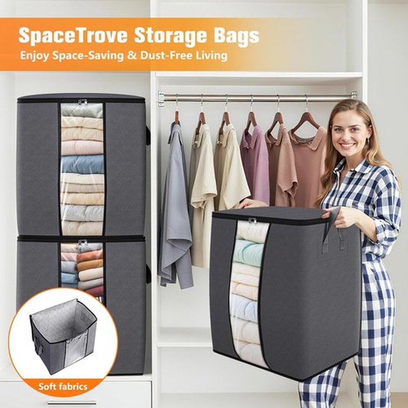 SpaceTrove Storage Bags - 80L Large Capacity Comforter Organizers with Visual Window | 6-Pack in Grey