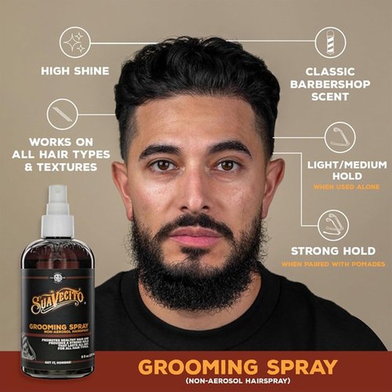 Suavecito Grooming Non-Aerosol Hairspray for Men - 8 oz | Classic Barber Scent, Strong Hold, Medium Shine