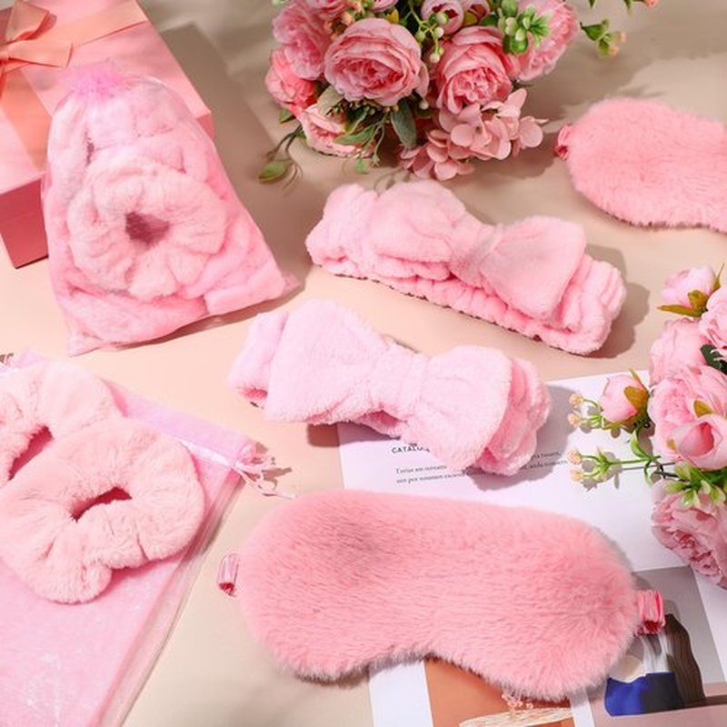 Mimorou 48 Pieces Spa Party Supplies 12 Spa Headband 12 Plush Sleep Eye Mask 12 Velvet Scrunchies 12 Organza Bags for Sleepover Slumber Party Favors Graduation Gift(Pink)