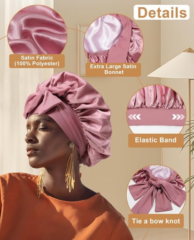 Extra Large Satin Bonnet for Sleeping Jumbo Silk Bonnet Double Layer Hair Bonnet for Women with Elastic Tie Band Sleep Wrap for Braids Curly Hair(Bean Paste + Pink)