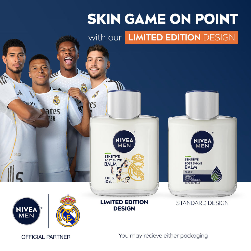 NIVEA MEN Real Madrid Limited Edition Design Sensitive Post Shave Balm, with VitaminPro Complex, Alcohol Free After Shave Balm for Men, 3.3 Fl Oz Bottle, Pack of 12