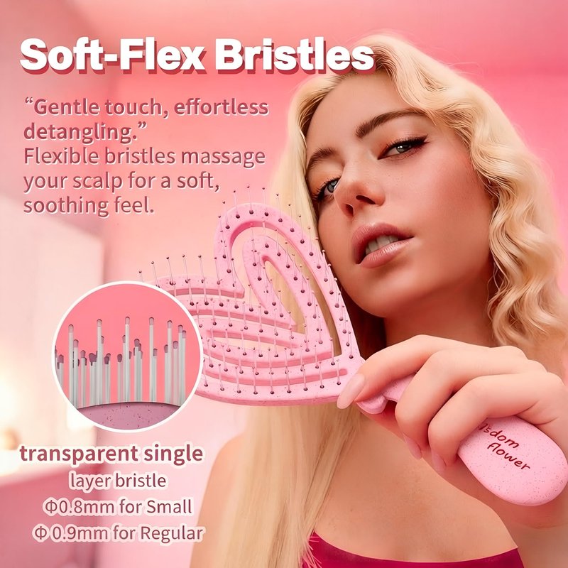 Wisdom Flower Detangler Brush – Heart-Shaped Detangling Brush for Curly, Wavy, Thick Hair – Sakura pink Hairbrushes for Women with Bowl-Curve, Flexible Bristles, Blow Dryer Safe, Small