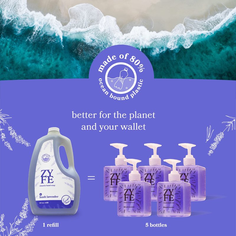 ZYFE Liquid Hand Soap Refills - Non-Toxic, Plant-Derived Vitamin Infused with Essential Oils - Kitchen Hand Soap Refill & Bathroom Essentials Handsoap Hand Wash - Hush Lavender Scent, 64oz