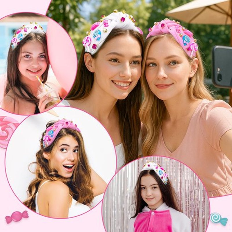 Candy Knotted Headbands for Women, Lollipop Sugar Charms Rhinestone Jeweled Wide Cute Headband for Girls, Fashion Hairband Hair Accessories Birthday Holiday Party Valentines Day Gifts for Her - Pink