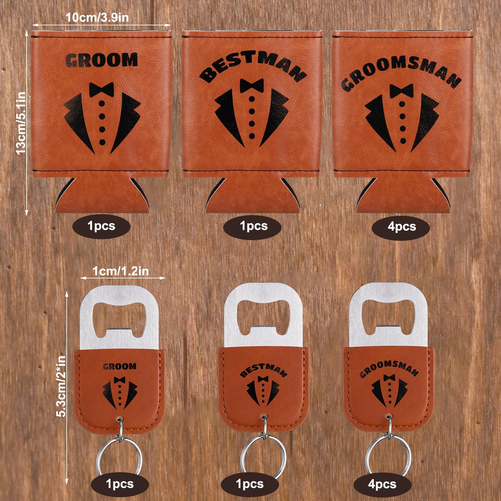 SiliFine 6 Sets Groom and Groomsmen Leather Can Cooler with 6 Bottle Opener Personalized Groomsmen Personalized Leather Beer Can Favors for Best Man Proposal Wedding Gifts