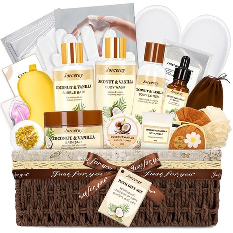 Jorceray 22PCS Spa Gift Baskets for Women, Luxury Bath and Body Gift Basket Set for Women Coconut Vanilla Spa Kit Relaxing Spa Self Care Gift for Her Wife Lover Mom Sister Friend