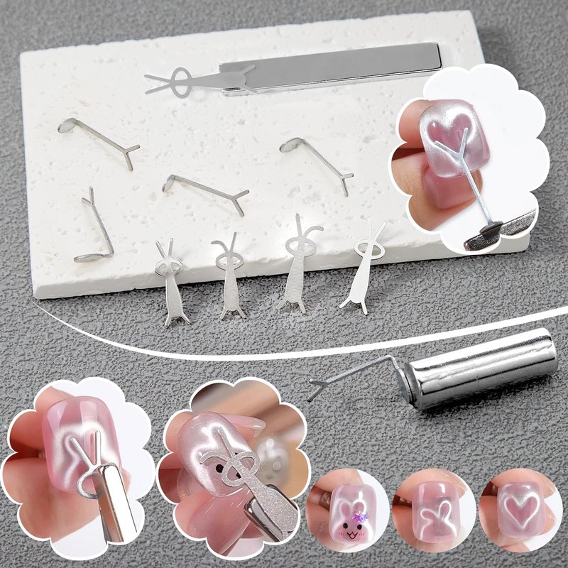 XEAOHESY 14pcs Cat Eye Magnets, 3-in-1 Heart Magnet for Nails, Flower Magnet, Cylindrical Rectangular Magnet+Scissor-Shaped Plates+Y-Shaped Brackets+Bunny-Shaped Plates for French Heart Bunny Effect
