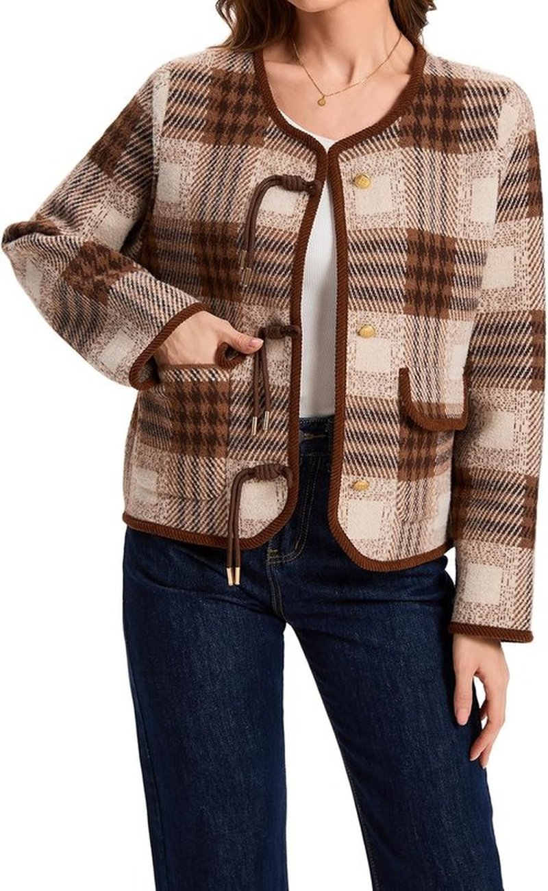 HOULENGS Women's Vintage Plaid Print Cardigan Sweater - Long Sleeve Knit Coat with Pockets