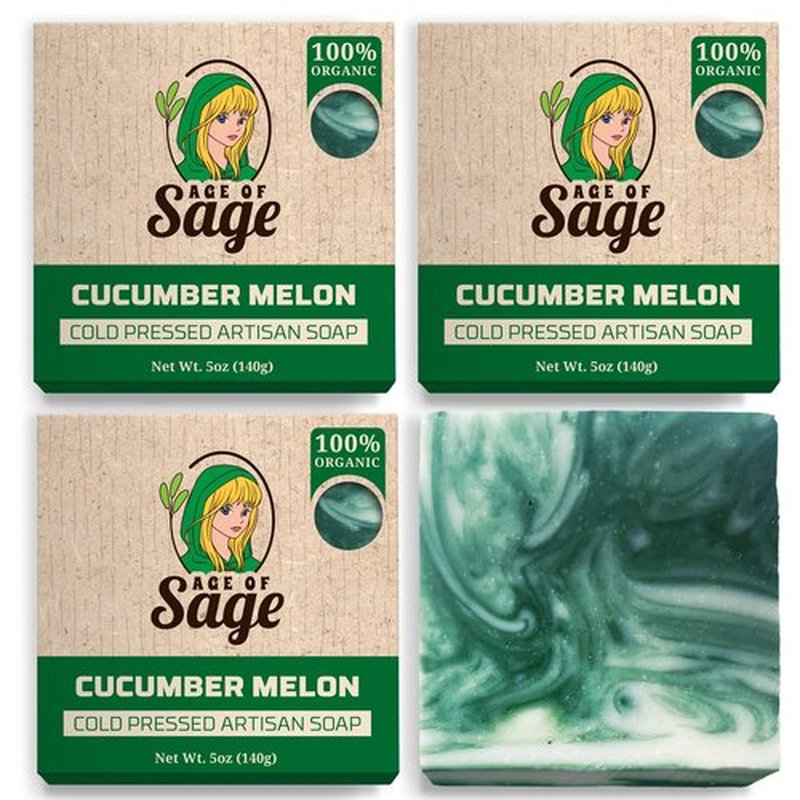 Age of Sage Natural Bar Soap for Men - Vegan Bath Soap Bars Gift Set - Handmade Cold Process Artisan Soap w/Essential Oil, All Moisturizing Wash Soaps, Fragrant Cucumber Melon Scent (4 Pack)