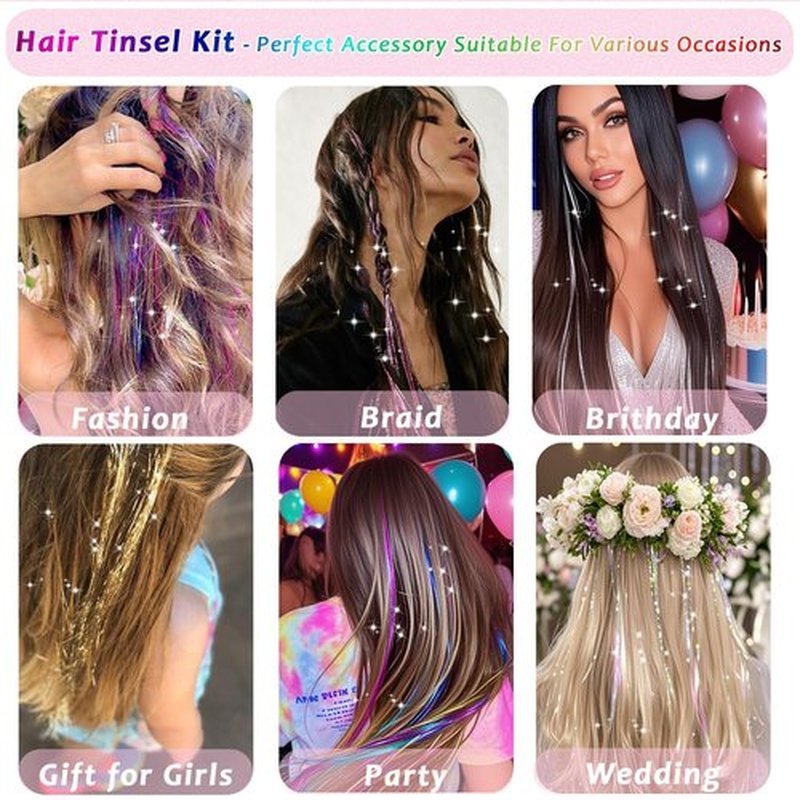 Aouuhe Hair Tinsel 24 Colors 7800 Strands Hair Tinsel Kit with Tools 48 Inch Glitter Tinsel Hair Extensions Festive Party Fairy Hair Tinsel Kit for Women Girls Hair Accessories