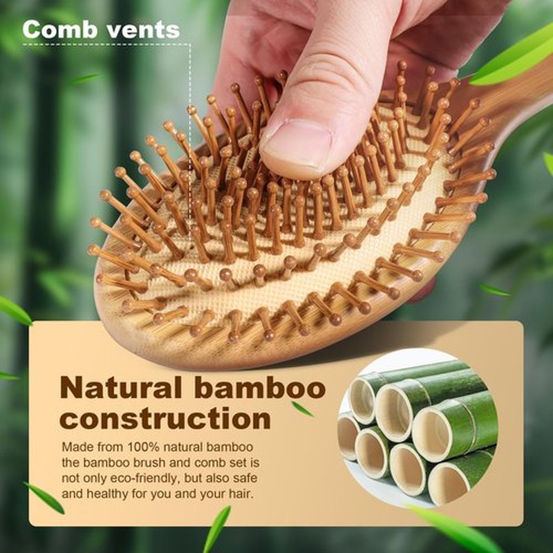 DEBETOOL Bamboo Hair Brush and Comb Set - Natural Wooden & Bamboo Brush for Hair Growth with Wide-tooth Tail Comb, Ergonomic Design for (Thick/Thin/Curly/Dry Hair) - Wooden Comb for Women Gift Kit