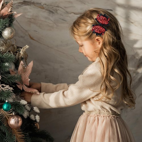 Glitter Bow Hair Clips 4 Layers Sparkly Sequin Hair Bows 3.6 Inch Kids Girls Holiday Cheer Hair Accessories for Halloween Christmas Birthday, Red & Black