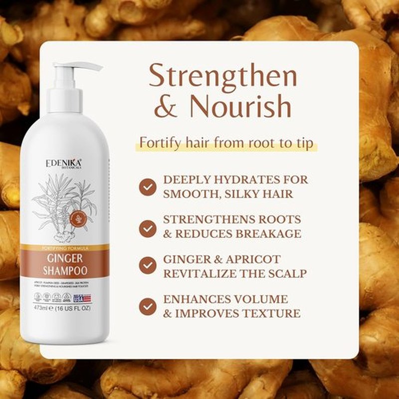 Edenika Botanicals Ginger Root Shampoo - Fortifying Biotin Formula for Hair Regrowth | 16 fl oz