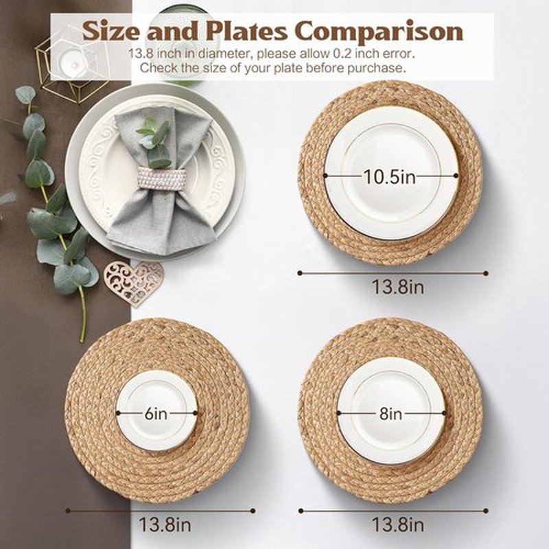 Aofmee Round Woven Placemats Set of 6 - Boho Rattan Table Mats in Natural Water Hyacinth