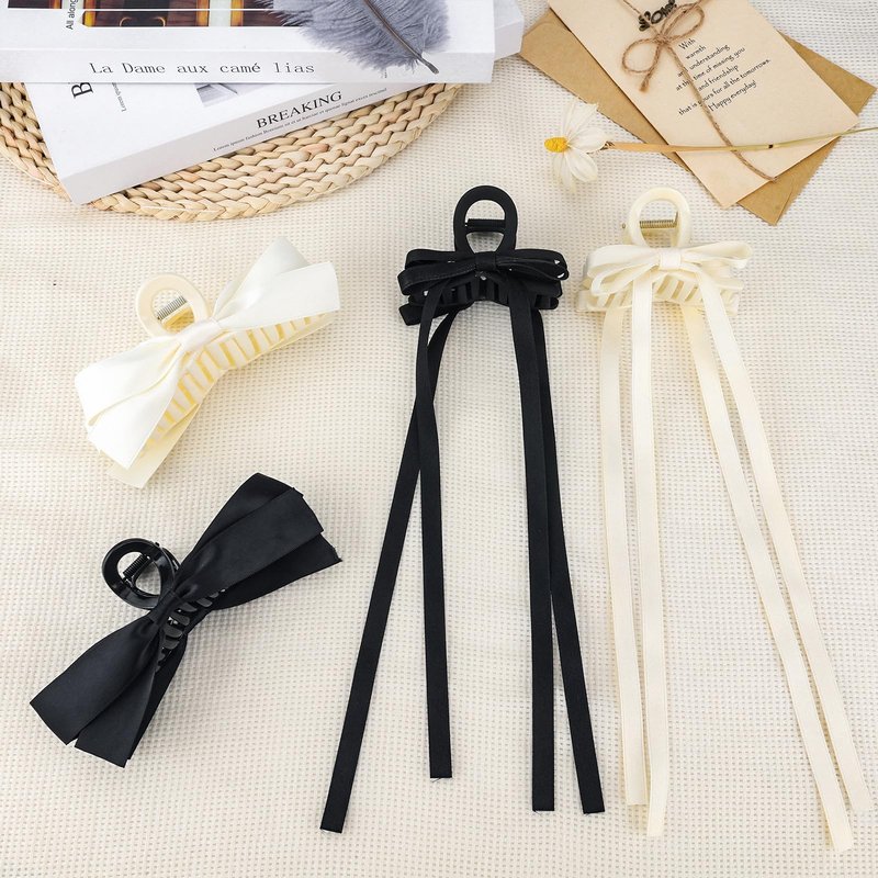 Zkptops 4Pcs Hair Claw Clips Bow Claw Clip for Women Girls Satin Claw Clamps Cute Large Bowknot Nonslip Jaw Barrettes with Tassel Hair Bow Claw Clip Accessories for Thin Thick Curly Hair (Black White)