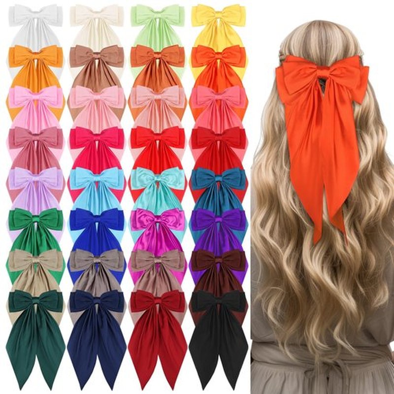 LIUBUJINGYING 32Pcs Satin Hair Bows Bulk Big Hair Bows for Women Large Hair Ribbons Silky Satin Oversized Hair Bows Long Tail Large Hair Barrettes Hair Cute Oversized Bow Hair Clips with Long Tails