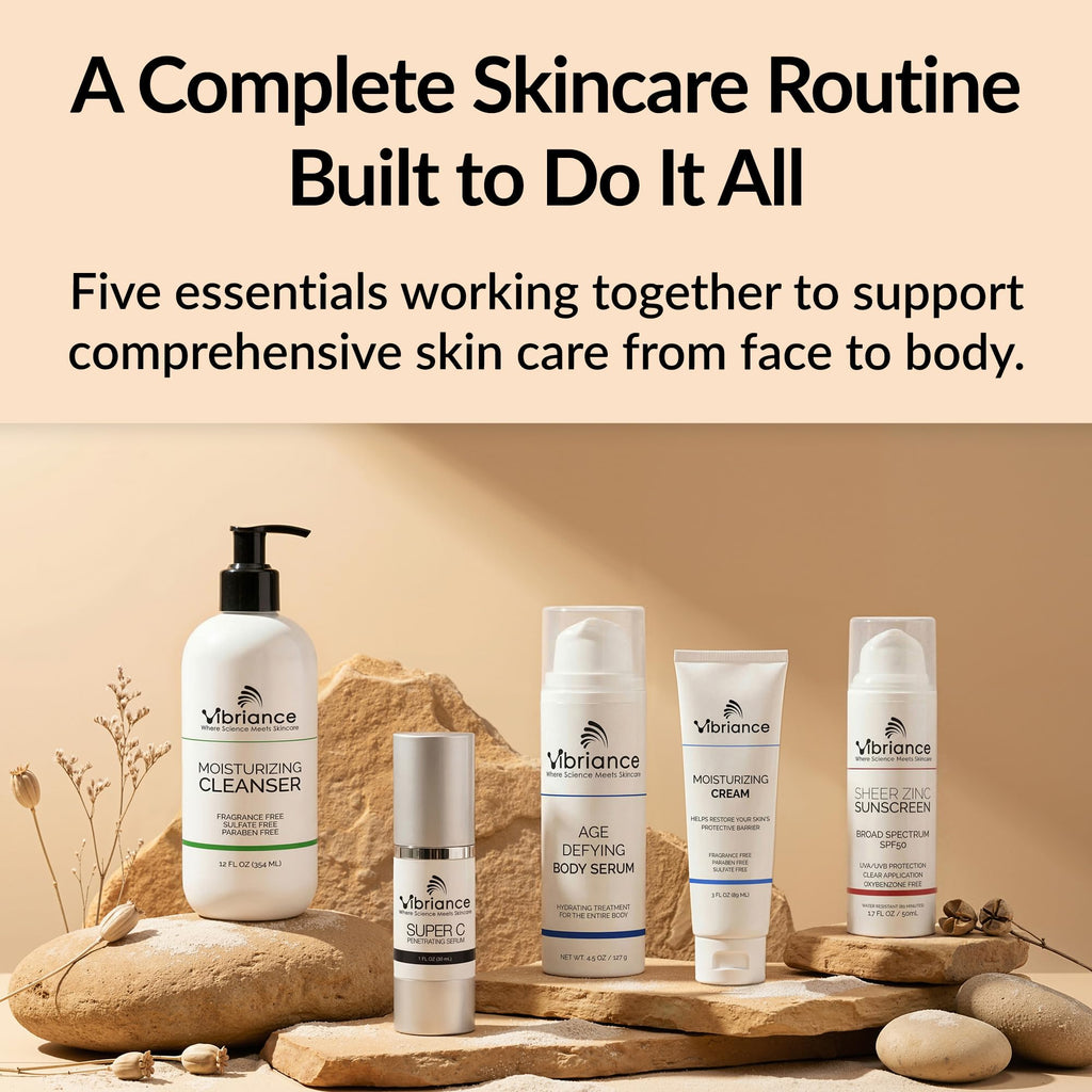 Vibriance Premium Skincare Bundle | Super C All-in-One Serum, Face Cleanser, Moisturizing Cream, Sheer Zinc Sunscreen SPF 50, Age Defying Body Creme - Heal, Hydrate, Protect, Rejuvenate