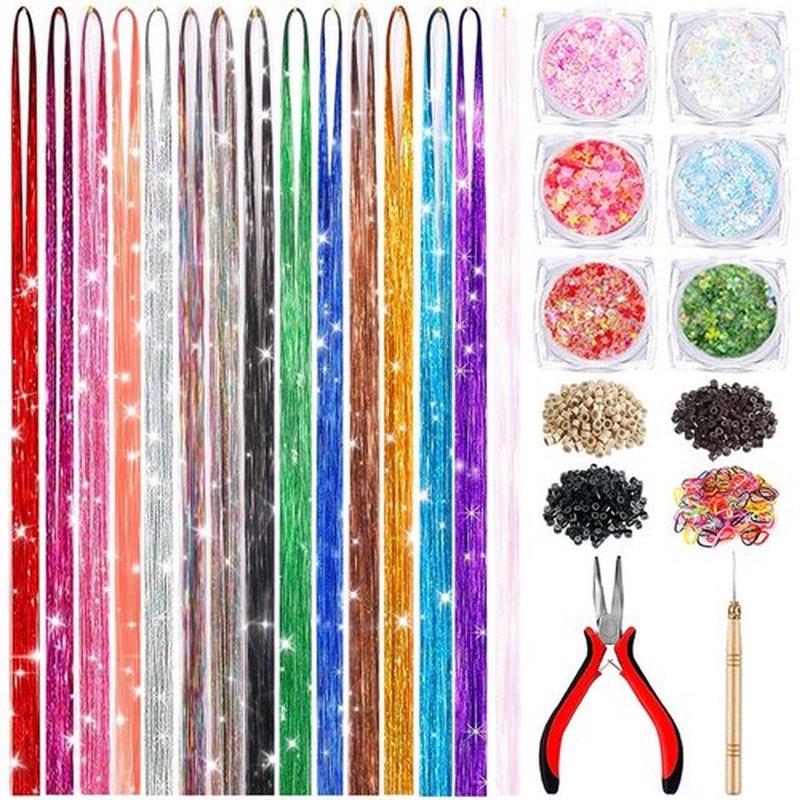 Hair Tinsel Kit With Body Glitter 15 Colors 48 Inch 4500 Strands Glitter Tinsel Hair Extensions With Tools Fairy Hair Accessories, Suitable for Festivals and Daily Use (15 Colors Hair Tinsel Kit)