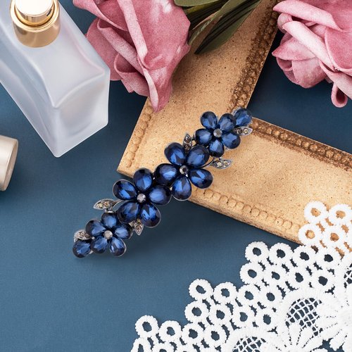 HINZIC Sparkly Rhinestone Hair Clip, Crystal Blue Flower Prom Barrettes Wedding Engagement Pageant Formal Dressy Decorative Accessories for Bride Women Thick Long Hair - 1PCS